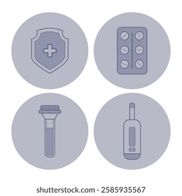 Set of four line icons representing key health items, including shield symbolizing health protection, pill pack, test tube, and medical thermometer