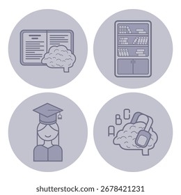 Conjunto de cuatro iconos de línea que representan temas de educación y conocimiento. Libro, Biblioteca, graduado y cerebro en auriculares. Ideal para materiales educativos o Sitios web