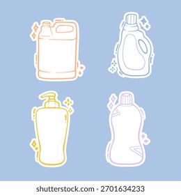 Conjunto de quatro ícones de linha que representam várias garrafas de detergente para roupa, ideais para limpeza, lavandaria e design de produtos domésticos.