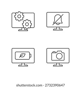 Set of four line icons for settings, mute, navigation, bag