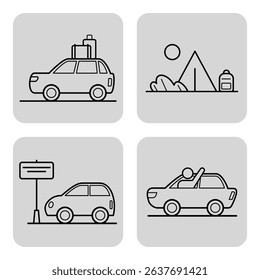Set of four line icons showcasing various aspects of road trip. Car with luggage, camping scene with tent, directional sign, and passengers enjoying ride