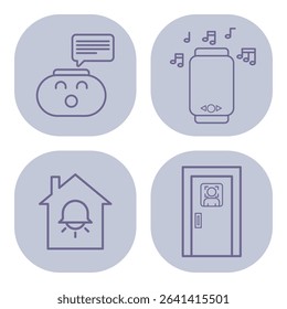 Set of four line icons with smart speaker with music notes, home alert system, conversational device, and doorbell with camera. Modern home technology concept