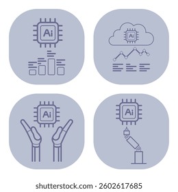 Set of four line icons with various applications of artificial intelligence. Data analysis, cloud computing, robotic automation, and human-machine interaction