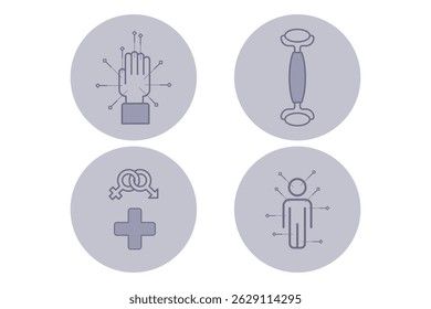 Set of four line icons with various healthcare concepts. Hand, jade roller, medical symbol, and human figure, showcasing health and wellness themes