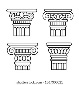 Set of four linear ancient greek, roman columns, pillars, orders, capitals. Design, decoration elements.