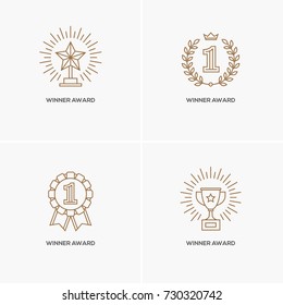 Set of four linear awards: trophy or winner cup, star, and medal with number one. Victory, success, achievement symbol, logo design element. Contest gold winner, sport champion emblem.