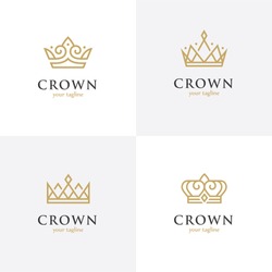 Set Of Four Linear Crown Icons. Royal, Luxury Symbol. King, Queen Abstract Geometric Logo.