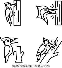 A set of four linear icons depicting woodpeckers in various poses while pecking at tree trunks and branches.