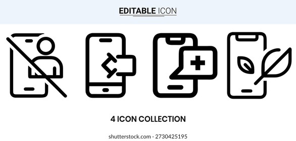 Un conjunto de cuatro iconos lineales que representan acciones de teléfonos inteligentes y temas ecológicos.
