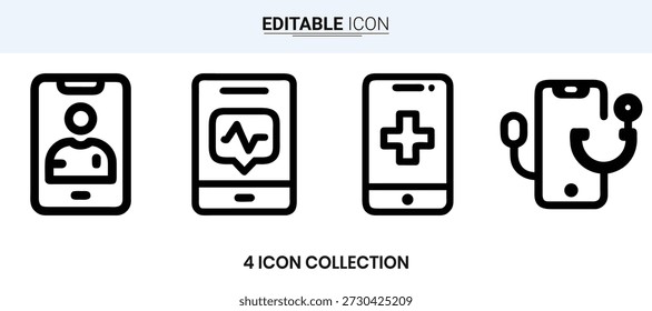 Un conjunto de cuatro iconos lineales que representan los servicios de salud móviles y los App de la salud digital.