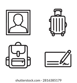 A set of four linear icons representing travel necessities: identification, luggage, carrying gear, and important paperwork.