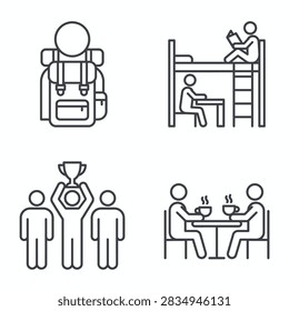 A set of four linear icons representing a backpacker, a bunk bed setting, a winning team with a trophy, and two people drinking coffee at a table.
