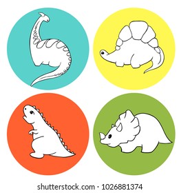 A set of four linear illustrations for coloring Little dinosaurs stegosaurus, tyrannosaurus, triceratops, godorascar cartoon character. Lovely funny. Hand-Drawn Vector