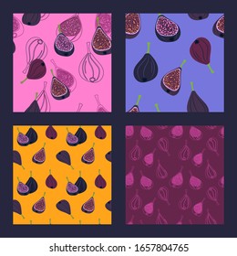 set of four linear seamless pattern with cut figs of different varieties on a bright purple, yellow and pink backgrounds. Modern abstract design for paper, cover, fabric, interior decor