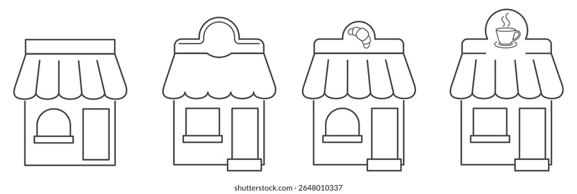 Conjunto de cuatro iconos de tienda lineal editable trazo aislado sobre fondo transparente. Conjunto de iconos de línea de tienda. Icono de almacenamiento Ilustración vectorial de colección.