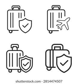 Set of four linear travel icons featuring suitcases with security shields and airplane symbols for luggage insurance and flight protection concepts.