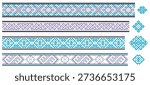 Set of four Lithuanian sashes featuring traditional ornamental patterns. Rhythmic repeating geometric designs in blue, purple, and black reflect Baltic cultural heritage, textile traditions, and timeless folk aesthetics in a clean vector style