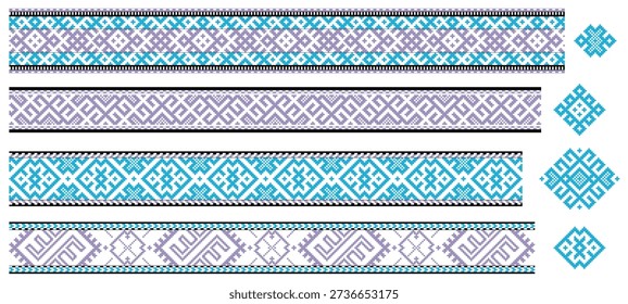 Set of four Lithuanian sashes featuring traditional ornamental patterns. Rhythmic repeating geometric designs in blue, purple, and black reflect Baltic cultural heritage, textile traditions, and timeless folk aesthetics in a clean vector style