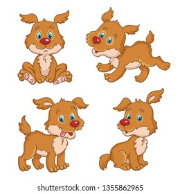 Set of four little funny puppies in different poses.  In cartoon style. Isolated on white background. Vector illustration.