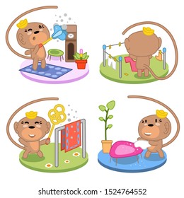 Set of four little monkeys working in household like dusting, putting washing on clotheslines, beating rug and cleaning table (flat color kawaii illustration)