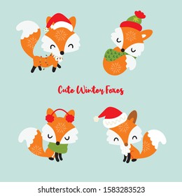 Set of four little winter foxes with Christmas lights, scarft and santa hat. Decorative elements for New year and xmas holiday. Cute collection of fox cartoon illustration.