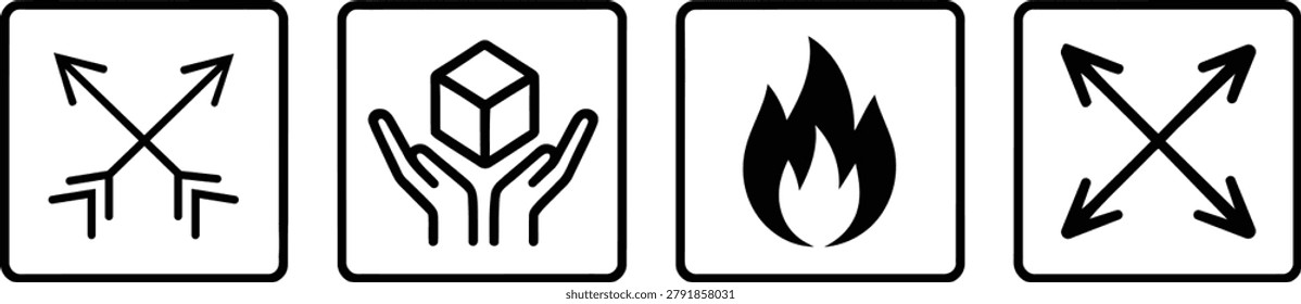 Set of four logistics and shipping icons including fragile, handle with care, flammable, and keep away from heat symbols