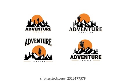 A set of four logo designs featuring a silhouette of a backpacker standing on a mountain peak against a sunrise or sunset, with the word "Adventure" and the word "Tagline" beneath each design.