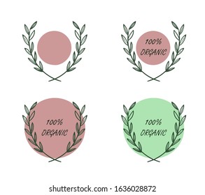 Set of four logo templates for business. 100% organic banners. Botanical illustration. 