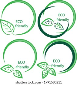 Set of four logo templates for organic products. Green leaves in an open circle.
