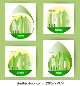  Set of four logos eco house. Logo, banner, postcard in the form of a drop of water and abstract trees in the form of green leaves and multi-storey buildings. on a green background.

                 