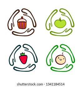Set of four logotypes hand drawn illustrations with cake apple strawberry and baby cartoon minimalism