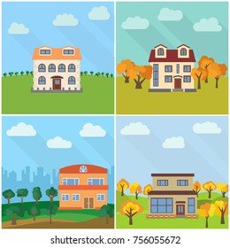 Set of four lonely houses in the nature. Vector illustration.
