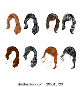 Set of four long  hair natural and silhouette Vector Illustration