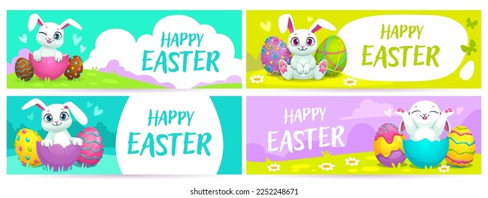 Set of four long horizontal Easter greeting banners with colored eggs and bunnies. Vecor holiday illustration in cartoon style.