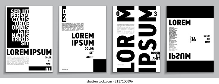 Set of four Lorem Ipsum typographic posters. An abstract and artistic typography design in black and white.