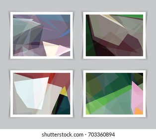 Set of four low polygon pastel background, rainbow polygonal texture, vivid colorful backdrop, geometric technology banner, abstract triangular wallpaper, shiny crystal design in white frame border.