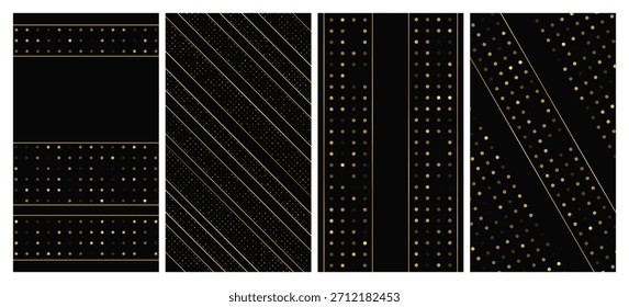 Set aus vier luxuriösen dunklen Hintergründen mit abstrakten goldenen Linien und glitzernden Punkten. Goldene Halbtonkulisse mit glitzernden Funkeln. Stilvolles Design für moderne Vorlagen. Vektorgrafik
