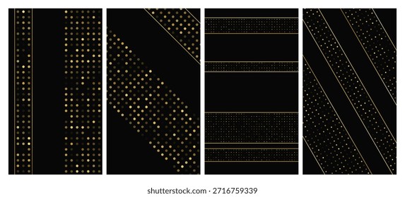 Conjunto de cuatro fondos oscuros de lujo con líneas doradas abstractas y puntos brillantes. Fondo de semitono dorado con destellos brillantes. Un diseño elegante para las Plantillas modernas. Ilustración vectorial