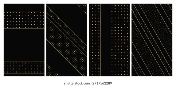 Conjunto de cuatro fondos oscuros de lujo con líneas doradas abstractas y puntos brillantes. Fondo de semitono dorado con destellos brillantes. Un diseño elegante para las Plantillas modernas. Ilustración vectorial