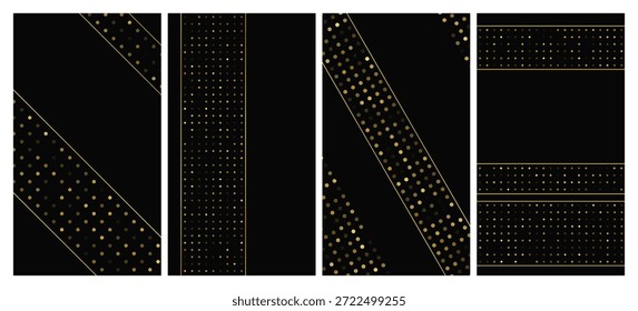 Conjunto de quatro fundos escuros luxuosos com linhas de ouro abstratas e pontos brilhantes. Fundo de meio-tom dourado com brilhos cintilantes. Um design elegante para modelos modernos. Ilustração vetorial