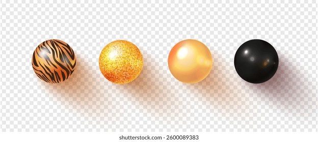 A set of four luxury 3D spheres with unique textures: tiger print, glitter, pearl, and glossy black. High-quality realistic rendering with soft shadows on a transparent background.