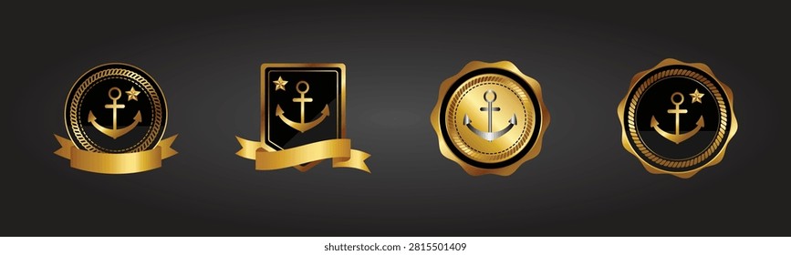Set of four luxury gold anchor emblems with stars on black shields and circular frames sign.
