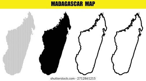 Set of four Madagascar map outlines solid fill, hatch fill, and two styles of line art
