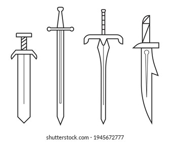 set of four magic swords vector line art.