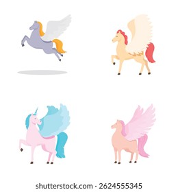 Set of four magical horse vector graphics, including pegasus and unicorns in pastel colors