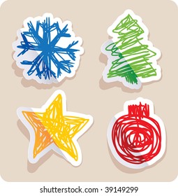 set of four main Christmas symbols drawn in childish style.