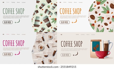 Set of four main website pages with hot coffee and ground beans in a package. Suitable for cafes, online coffee shops, stylish blog designs and thematic web projects.