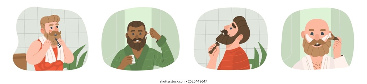 Conjunto de quatro personagens masculinos com barbas em ambientes de banheiro. Ilustrações de desenhos animados planos de homens aparando e cuidando de pelos faciais.