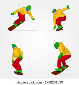 Set of four man snowboarding - Vector