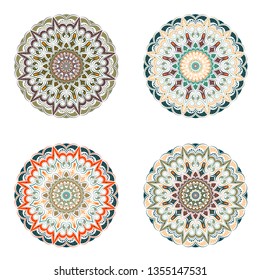 Set of four mandala - on a white background, floral motifs, crystal form. Symbol of harmony. Warm colors - orange, green, brown.